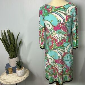 London Times Shift Dress Shift 3/4 Sleeves Boho 70’s Print Women's Size 10